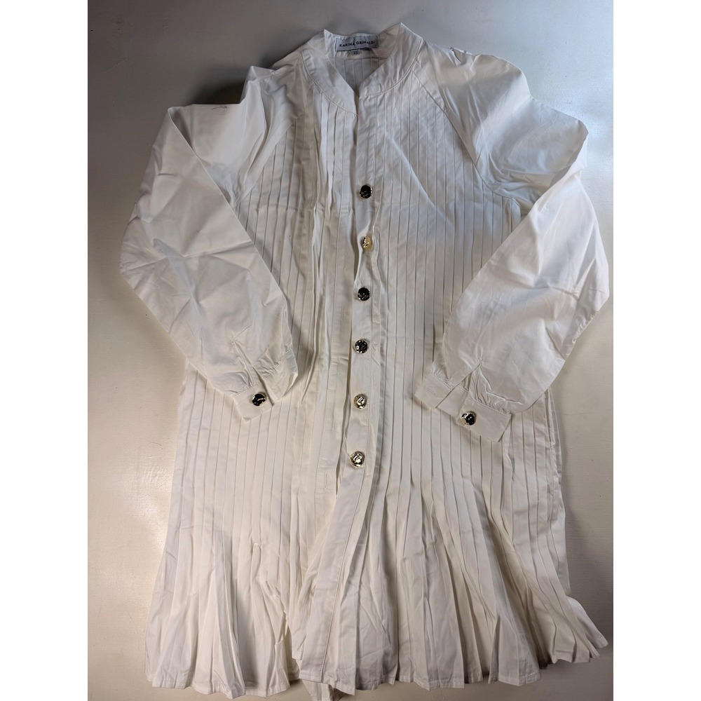 Karina Grimaldi Mini Dress Womens XS White Good Pleated Gold Button Ruffle Hem